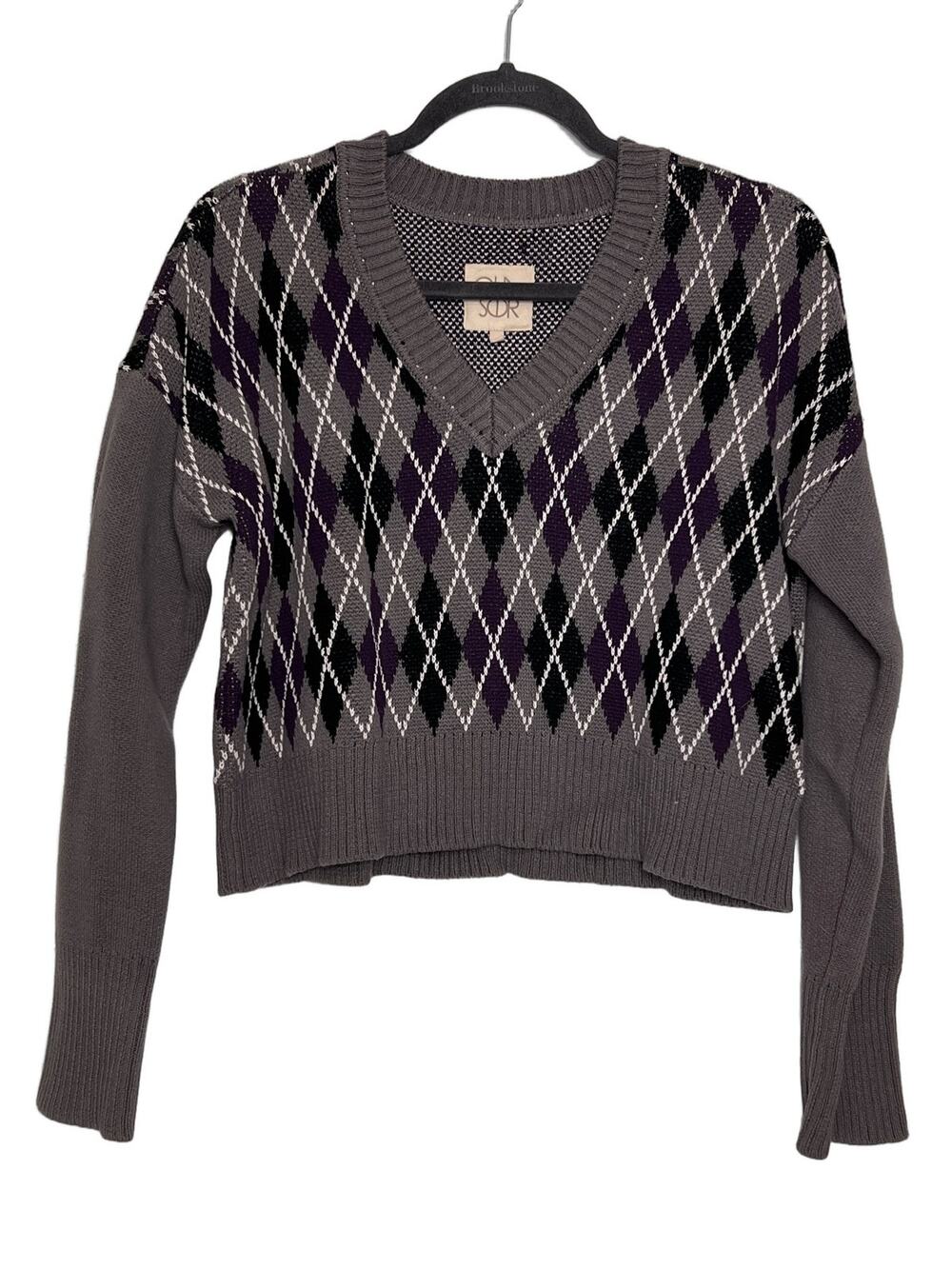 CHASER V Neck Sweater Small Pullover Knit Argyle Diamond Long Sleeve Purple